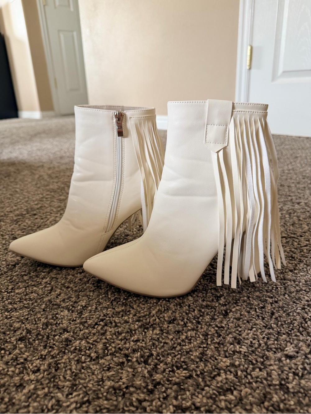 Fringe Ankle Boots in Ivory - Women's Pointed Toe Heel